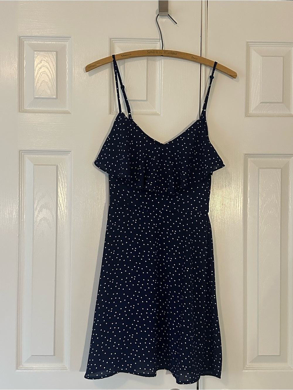 Three Hearts Navy Polka Dot Ruffle-Front Spaghetti Strap Mini Dress